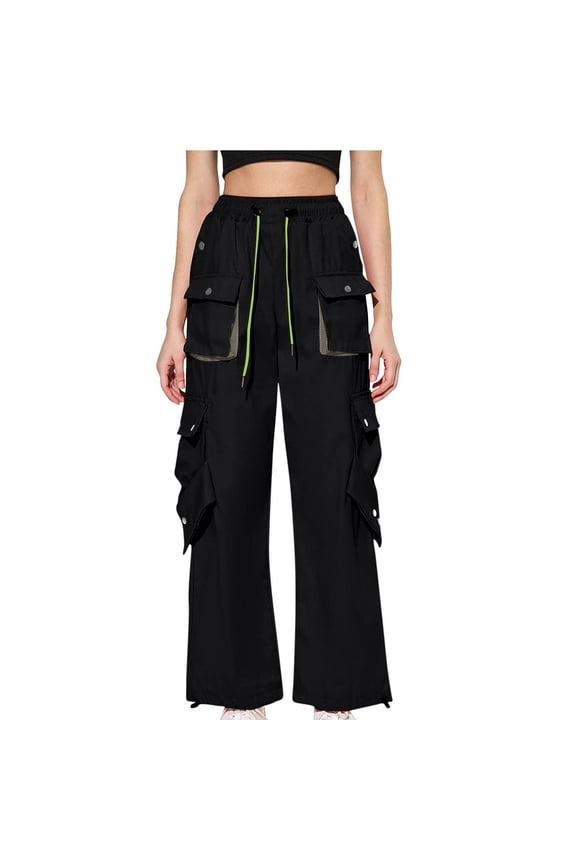 Women's Cargo Pants 2024 Fashion Loose Fit High Waist Drawstring Trousers with Pockets Wide Leg Pants Streetwear Black M
