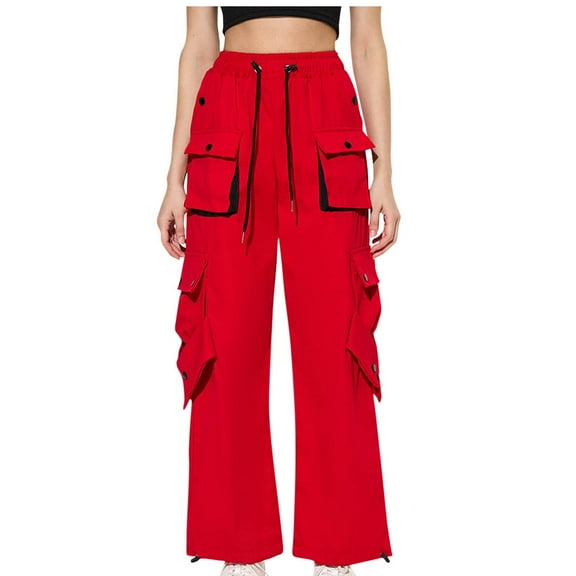 UTSJKR Women's Cargo Pants 2024 Fashion Loose Fit High Waist Drawstring Trousers with Pockets Wide Leg Pants Streetwear Red XL
