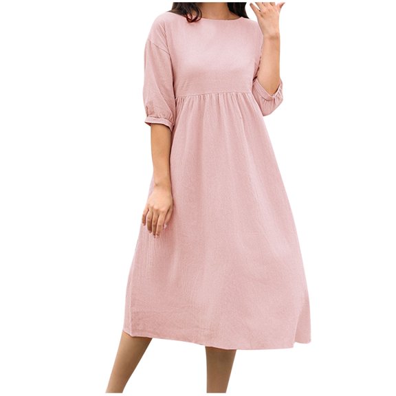 UTSJKR Women's Casual Cotton Linen Dresses Stylish Elbow-Length Sundress 2024 Fashion Elegant Solid Crew Neck Dresses Waist Pleated Loose Fit Flowy A Line Swing Midi Dresses Pink L