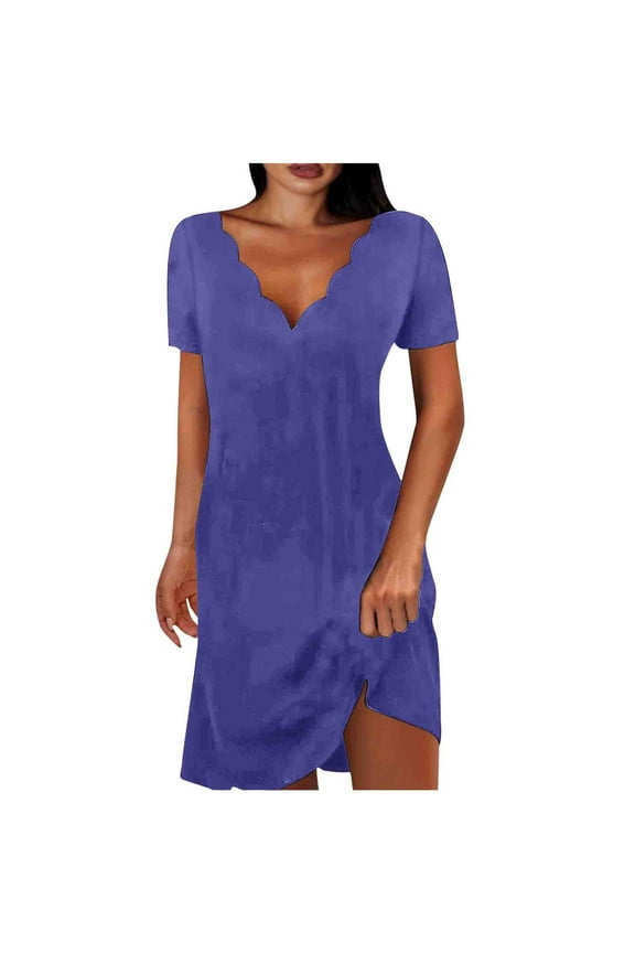 Women's Casual Dress Short Sleeve Smocked 2024 Fashion Classic Solid Scalloped V Neck Sundress Vacation Loose Fit Flowy A Line Mini Cocktail Dress Blue S