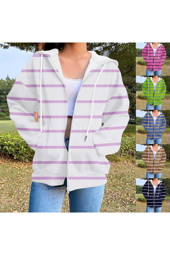 Women's Casual Hoodies Full Zip Up Oversized Striped Sweatshirts with Pockets Long Sleeve Fall Trendy Hooded Jackets Coffee M