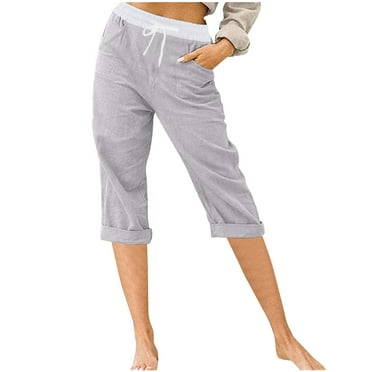 UTSJKR Women's Casual Linen Blend Roll-Up Capri Pants with Pockets Comfy Drawstring Elastic Waist Cropped Trousers Beach Pants Gray XL