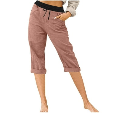 UTSJKR Women's Casual Linen Blend Roll-Up Capri Pants with Pockets Comfy Drawstring Elastic Waist Cropped Trousers Beach Pants Pink XL