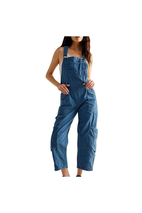 Women's Casual Loose Fit Straight Leg Denim Overalls with Pockets Bib Suspender Baggy Jeans Jumpsuits Rompers Blue L