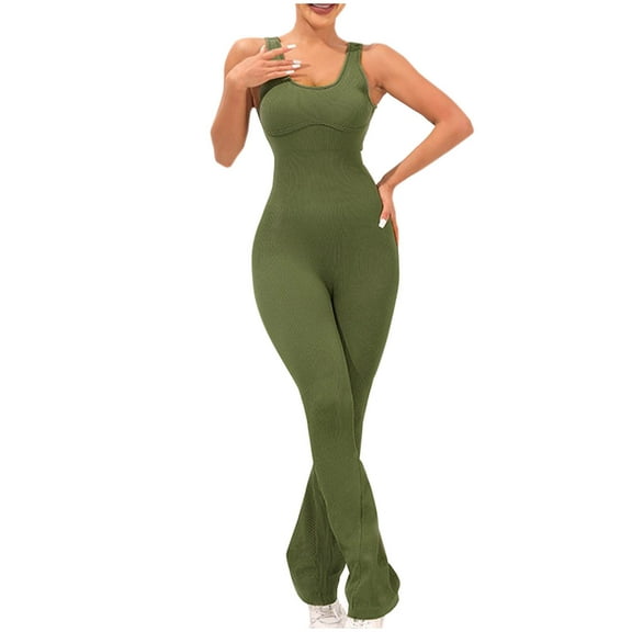UTSJKR Women's Casual Sleeveless Solid Ribbed Knitted Bodycon Club Romper Jumpsuit Flare Bell Bottom Pants Outfits Army Green M