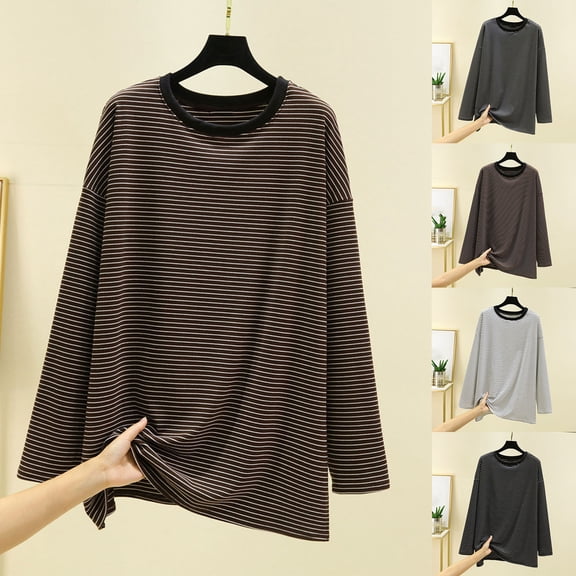 UTSJKR Women's Casual Striped Shirts Crew Neck Long Sleeve Sweatshirts Loose Fit 2026 Spring Fall Warm Basic Pullover Tees Dark Gray L