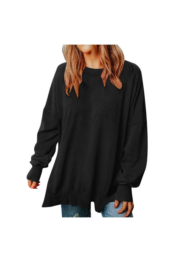 Women's Casual Sweatshirts Drop Shoulder Long Sleeve Tunic Tops 2024 Fashion Elegant Solid Crew Neck Blouse Comfy Loose Fit Flowy Basic Pullover Tops Black S