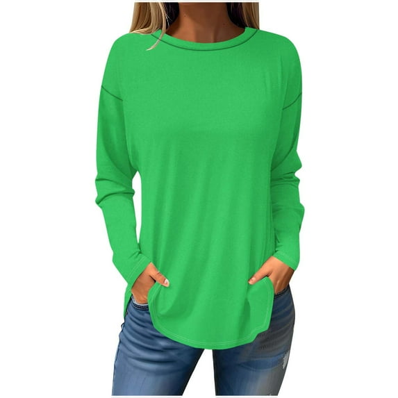UTSJKR Women's Casual Tops 2024 Fashion Classic Solid Crew Neck Blouse Fall Basic Loose Fit Flowy Pullover Shirts Long Sleeve Tunic Tops Green M