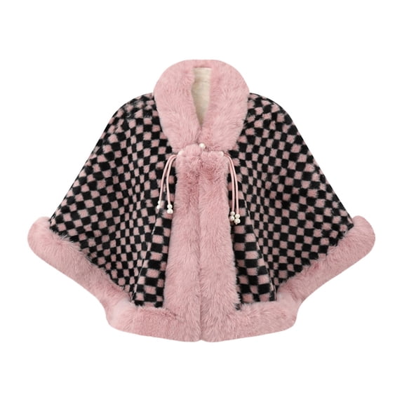 UTSJKR Women's Checkered Furry Trim Poncho Cape, Fall Winter Warm Open Front Shawl Coat, Loose Fit Outer Layer for Dating and Daily Wear Pink