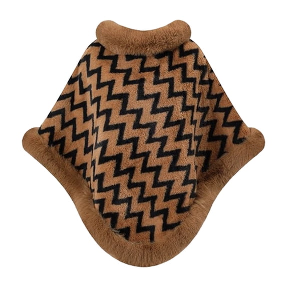 UTSJKR Women's Chevron Zig‑Zag Print Faux Fur Trim Poncho Cape, Fall Winter Warm Plush Shawl Cloak, Loose Fit Outerwear for Cold Weather Daily Outfit Brown