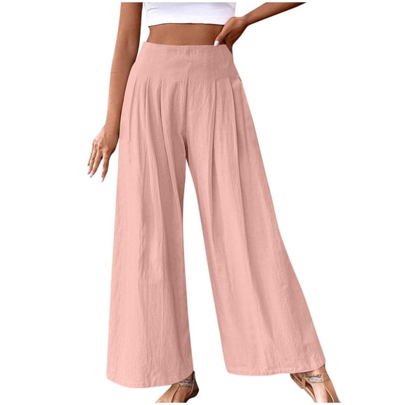 UTSJKR Women's Classic Solid Color Palazzo Pants Casual Comfy Loose Fit High Waist Wide Leg Pleated Trousers with Pockets Pink XL