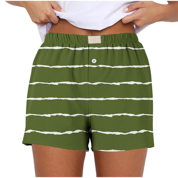UTSJKR Women's Classic Stripe Print Shorts Summer Sleep Shorts Soft Button Fly Shorts Beach Shorts Athletic Shorts with Pockets Green L