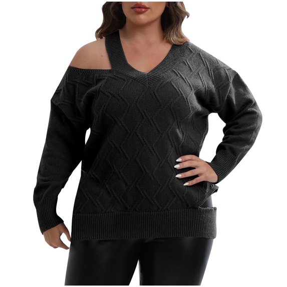 UTSJKR Women's Cold Shoulder Sweaters 2024 Fashion Clothing Solid Color V Neck Pullover Tops Cable Knit Loose Fit Oversized Jumper Fall Winter Long Sleeve Sweaters Black XXXL