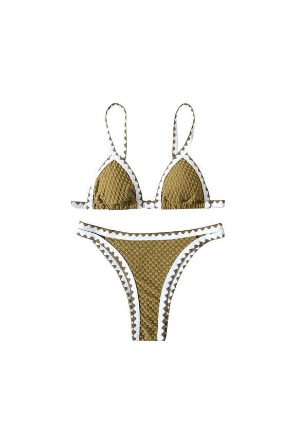Women's Color Block Binding Bikini Set Triangle Two Piece Swimsuit Beach Fashion Bikini Halter Bathing Suit Army Green S