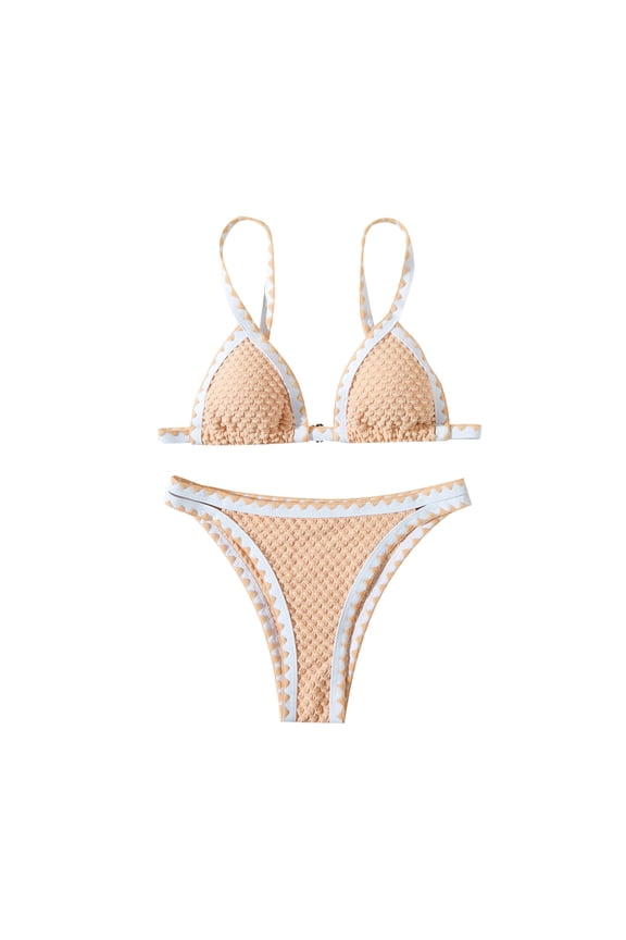 Women's Color Block Binding Bikini Set Triangle Two Piece Swimsuit Beach Fashion Bikini Halter Bathing Suit Beige S