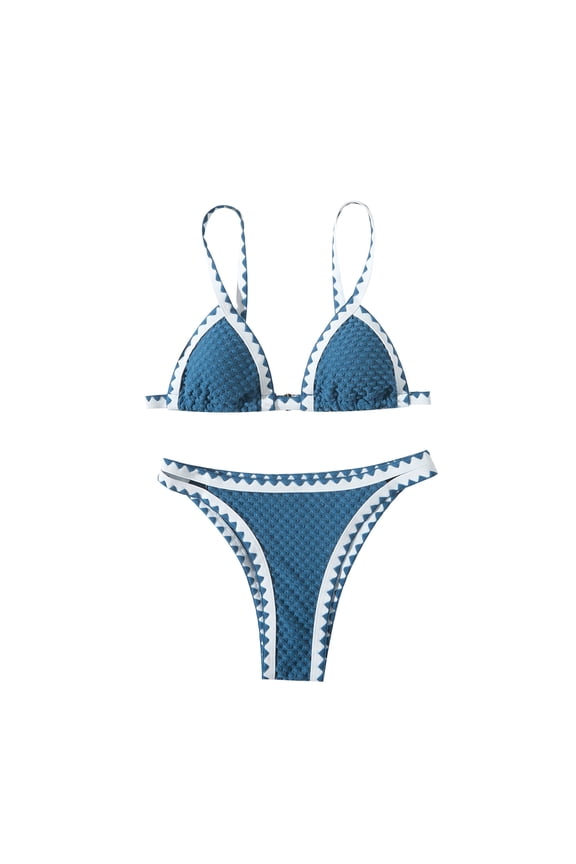 Women's Color Block Binding Bikini Set Triangle Two Piece Swimsuit Beach Fashion Bikini Halter Bathing Suit Blue M