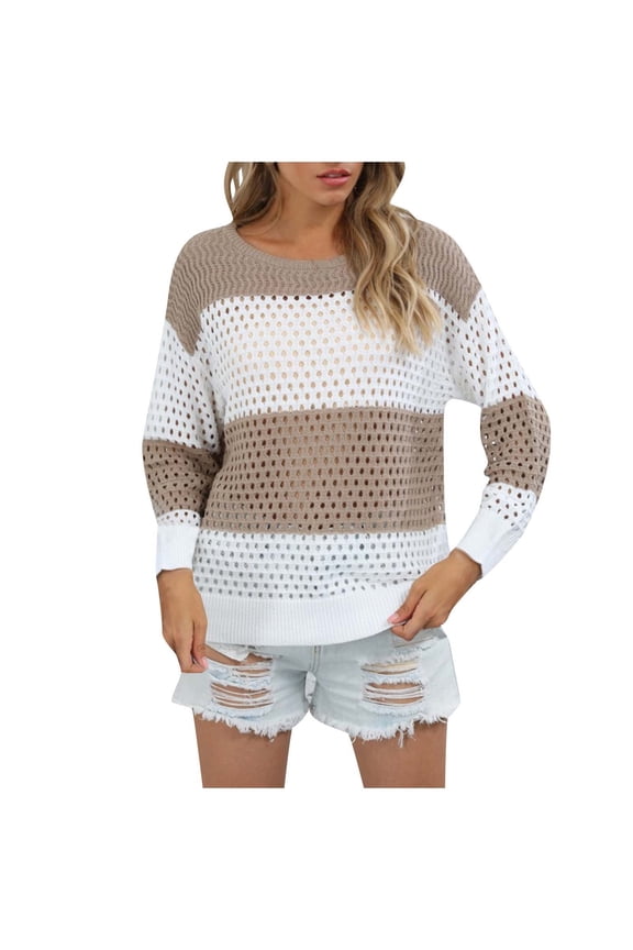 Women's Color Block Knit Sweaters Cozy Crew Neck Pullover Tops Casual Loose Hollow out Jumper Knitwear Fall Long Sleeve Sweaters 2024 Fashion Clothing Coffee M