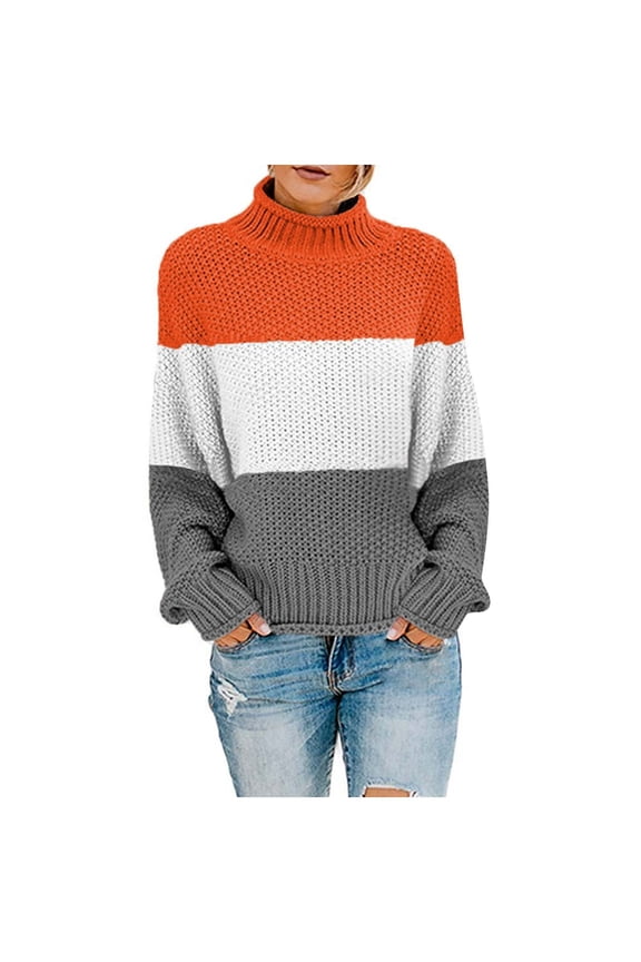 Women's Color Block Knit Sweaters Lantern Sleeve Long Sleeve Fall Sweaters 2024 Fashion Clothing Trendy Turtle Neck Pullover Tops Loose Oversized Chunky Jumper Orange XXL