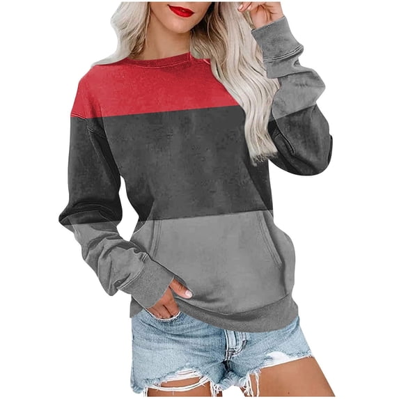 UTSJKR Women's Color Block Sweatshirts Long Sleeve Tunic Tops 2024 Fashion Crew Neck Sweatshirts Casual Loose Fit Basic Pullover Sweatshirts Tops Dark Gray M