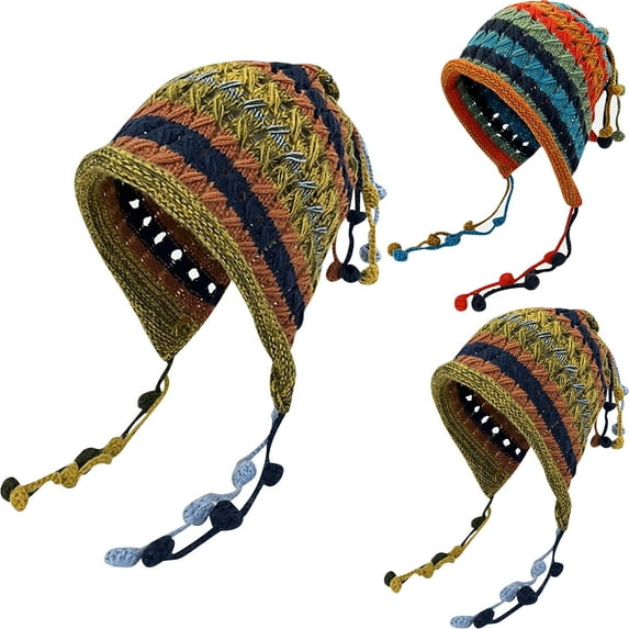 UTSJKR Women's Colorful Handmade Crochet Beanie Tassel Ear Flaps Knit Hat with Pom Pom Vintage Elegant Hallow Knit Beanie Army Green