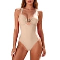 thumbnail image 1 of UTSJKR Women's Contrast Trim Swim Dress, Sleeveless Ruched Tummy Control One-Piece Bathing Suit with Side Slit Beige M, 1 of 7