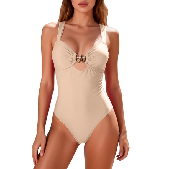 UTSJKR Women's Contrast Trim Swim Dress, Sleeveless Ruched Tummy Control One-Piece Bathing Suit with Side Slit Beige M