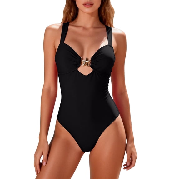 UTSJKR Women's Contrast Trim Swim Dress, Sleeveless Ruched Tummy Control One-Piece Bathing Suit with Side Slit Black S