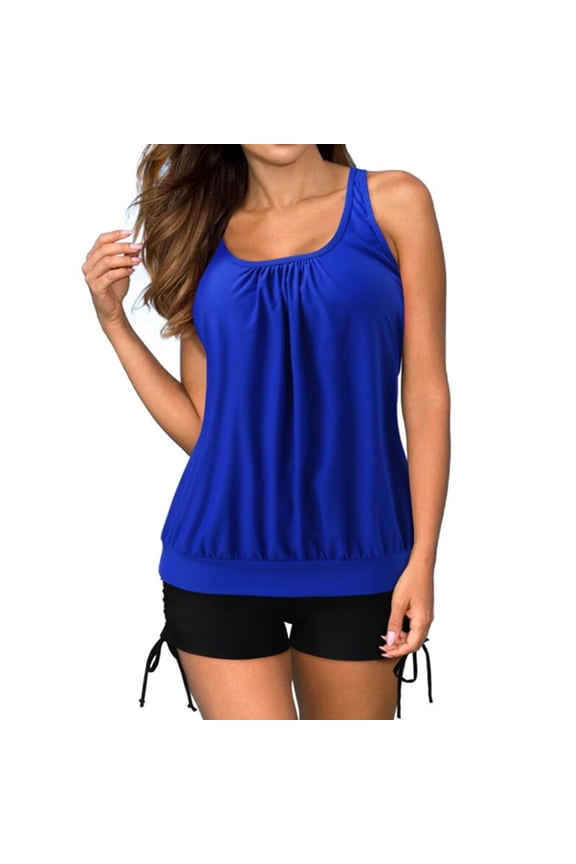 Women's Control Tankini 2 Piece Swimsuits Blouson Tank Top Shorts Bathing Beach Dress Straped Swimsuits Blue XXXXXL