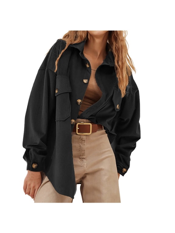 Women's Corduroy Jacket 2024 Fall Fashion Button Down Long Sleeve Oversized Shirts Casual Loose Fit Pockets Outerwear Black M
