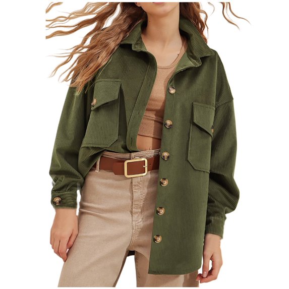 UTSJKR Women's Corduroy Jacket 2024 Fall Fashion Button Down Long Sleeve Oversized Shirts Casual Loose Fit Pockets Outerwear Green M
