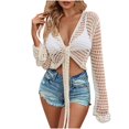 thumbnail image 1 of UTSJKR Women's Crochet Cardigan Tie Knot Front Hollow Out Sheer Sweater Long Sleeve Knit Crop Top Swimsuit Beach Cover Ups Khaki L, 1 of 7