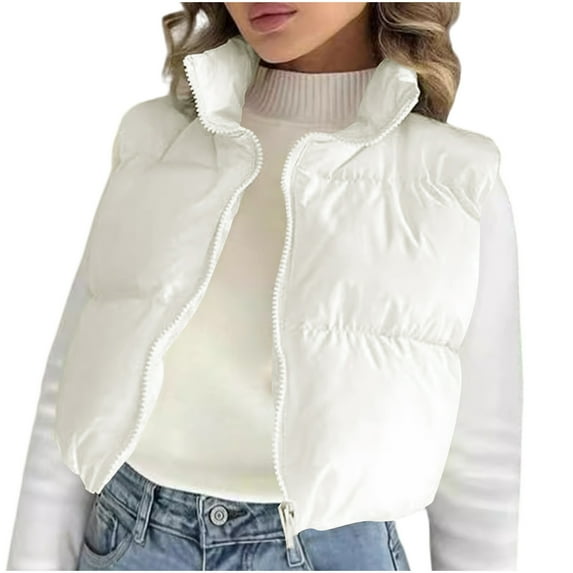 UTSJKR Women's Crop Puffer Vest Winter Zip Up Lightweight Trendy Solid Sleeveless Warm Outerwear Padded Coat White M