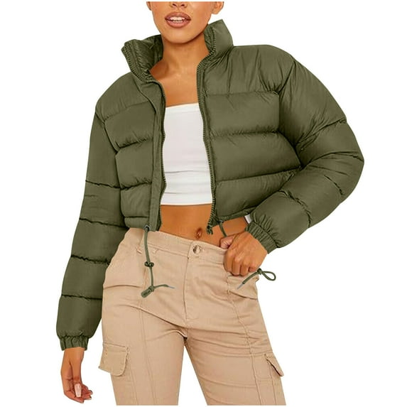 UTSJKR Women's Cropped Quilted Puffer Jacket Full Zip Stand Collar Winter Coat Lightweight Padded Down Outerwear with Pockets Army Green L