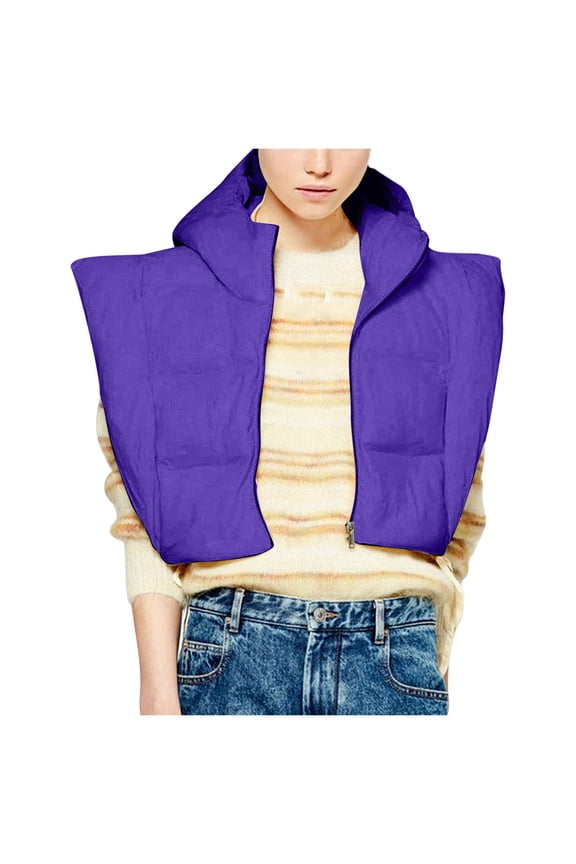 Women's Cropped Qulited Puffer Vest Jackets Loose Cap Sleeveless Winter Coats Zip Up Oversized Outerwear Purple XXL