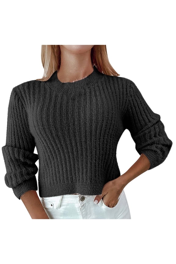 Women's Cropped Sweaters Elegant Solid Crew Neck Pullover Tops Ribbed Knit Slim Fit Cozy Jumper Fall Long Sleeve Sweaters 2024 Fashion Clothing Black XL