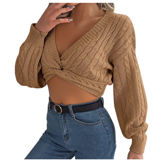 UTSJKR Women's Cropped Sweaters Twist Front Slim Fit Cozy Cable Knit Jumper Lantern Sleeve Long Sleeve Fall Sweaters 2024 Fashion Clothing Wrap V Neck Pullover Tops Khaki L