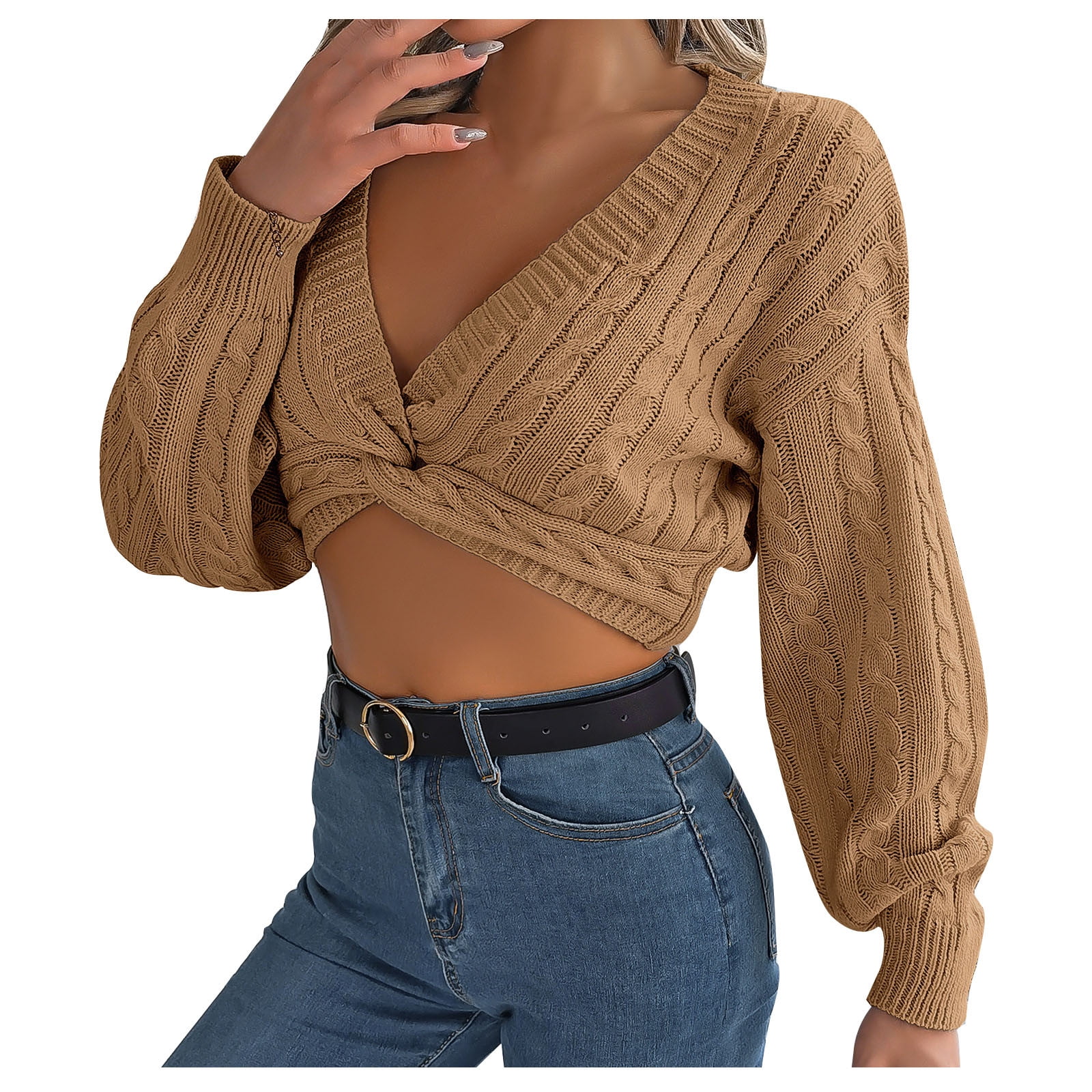 UTSJKR Women's Cropped Sweaters Deals Twist Front Slim Fit Cozy Cable ...
