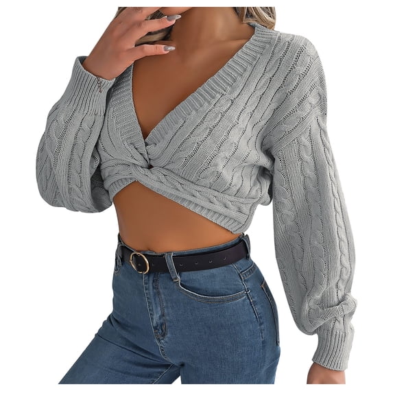UTSJKR Women's Cropped Sweaters Twist Front Slim Fit Cozy Cable Knit Jumper Lantern Sleeve Long Sleeve Fall Sweaters 2024 Fashion Clothing Wrap V Neck Pullover Tops Gray M