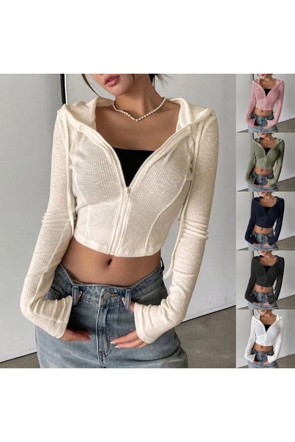 Women's Cropped Zip Up Hoodie Lightweight Long Sleeve Rib Knit Slim Crop Jacket Fall Spring Trendy 2026 Pink XL