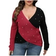 thumbnail image 1 of UTSJKR Women's Crossover Knit Sweaters Deals 2024 Fashion Clothing Trendy Two Tone Pearls V Neck Pullover Tops Casual Loose Oversized Knitwear Fall Winter Long Sleeve Sweaters Red XXL, 1 of 6