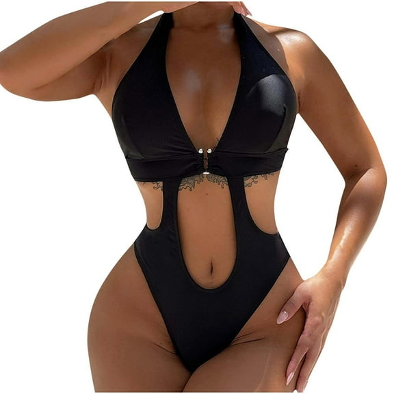 UTSJKR Women's Cut Out Ring Linked One Piece Bathing Suit Beach Fashion Deep V Neck Halter Monokini Swimsuit Black S