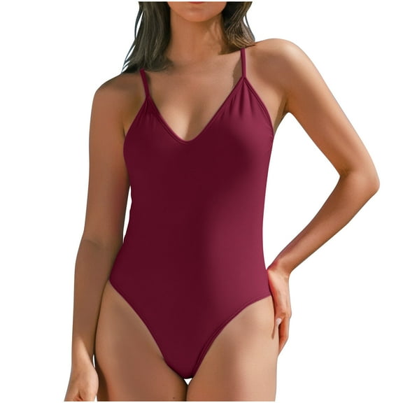 UTSJKR Women's Deep V Neck Halter Bathing Suit Summer Thong Sexy Backless Adjustable Tie One Piece Swimsuits Wine XL