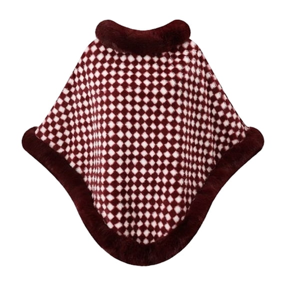 UTSJKR Women's Diamond Check Furry Poncho Shawl, Fall Winter Warm Plush Cape Outerwear, Faux Fur Trim Loose Cloak for Ladies Casual Daily Wear Wine