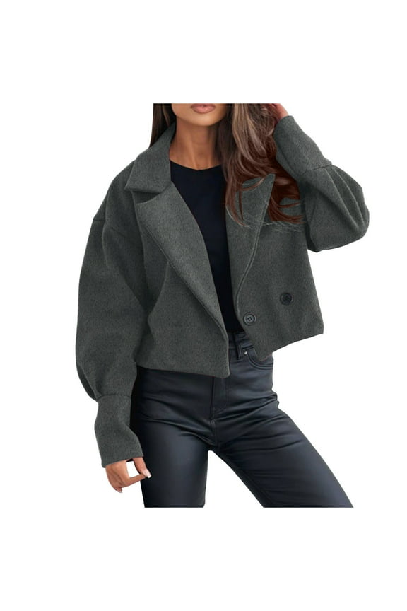 Women's Double Breasted Wool Blend Pea Coat, Dressy Casual Elagant Notched Lapel Cropped Woolen Jackets Outerwear Dark Gray L