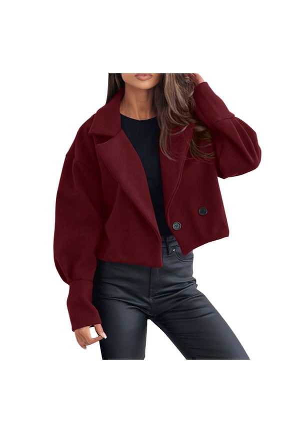 Women's Double Breasted Wool Blend Pea Coat, Dressy Casual Elagant Notched Lapel Cropped Woolen Jackets Outerwear Wine L