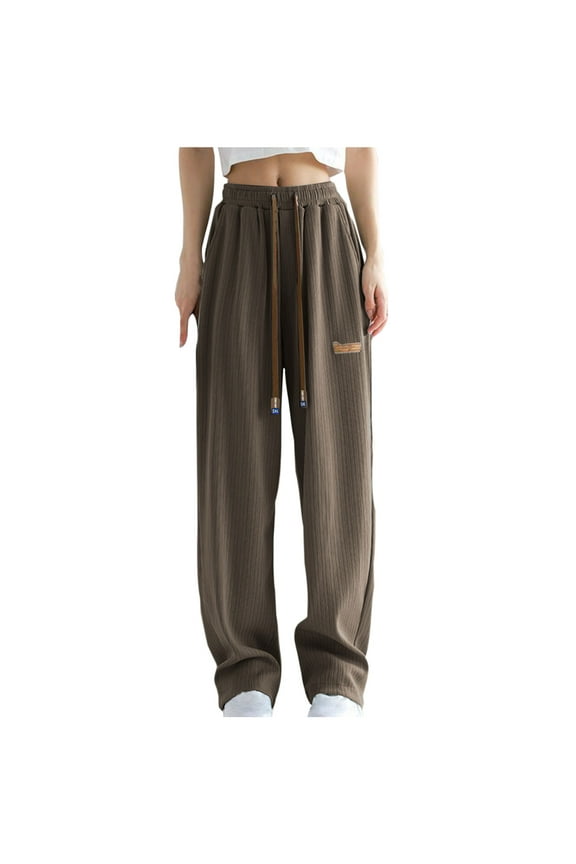 Women's Drawstring Sweatpants Wide Leg Lounge Pants with Pockets High Waist Pleated Loose Fit Straight Leg Trousers Streetwear Brown S
