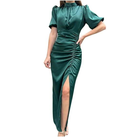 UTSJKR Women's Evening Party Dress Summer Basic Puff Short Sleeve Sundress 2024 Fashion Elegant Solid High Neck Smocked Waist Pleated Side Split Flowy Dress Green M
