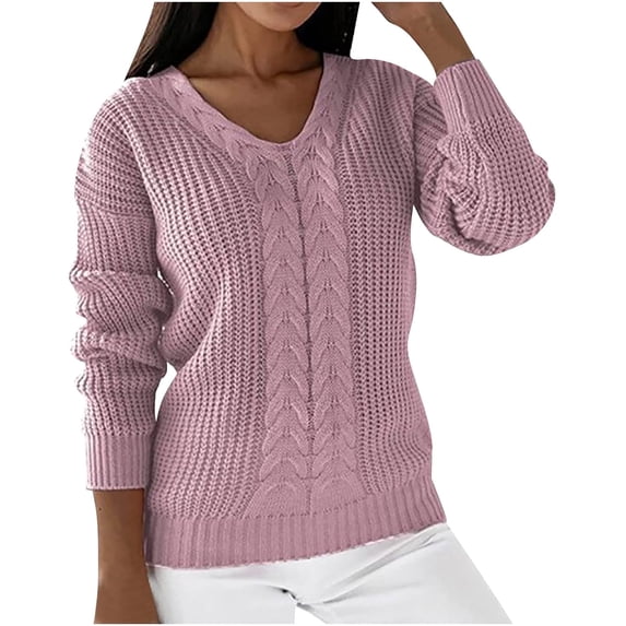 UTSJKR Women's Fall Cable Knit Sweaters Casual Loose Fit Long Sleeve Sweaters 2024 Fashion Clothing Trendy Solid V Neck Pullover Tops Oversized Chunky Jumper Knitwear Pink XXL