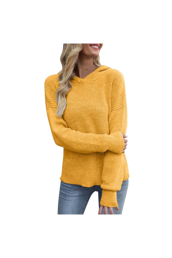 Women's Fall Hooded Sweaters Classic Solid Hooded Neck Pullover Tops Ribbed Knit Slim Fit Jumper Blouses Drop Shoulder Long Sleeve Sweaters 2024 Fashion Clothing Yellow S