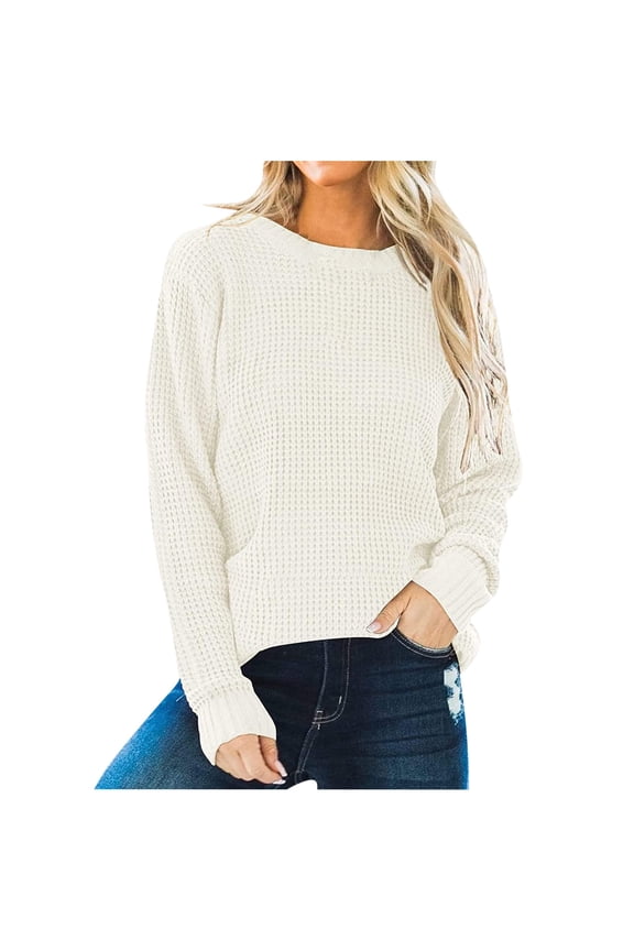 Women's Fall Knit Sweaters 2024 Fashion Clothing Classic Solid Crew Neck Tunic Pullover Tops Casual Loose Cozy Oversized Knitwear Trendy Long Sleeve Sweaters White L